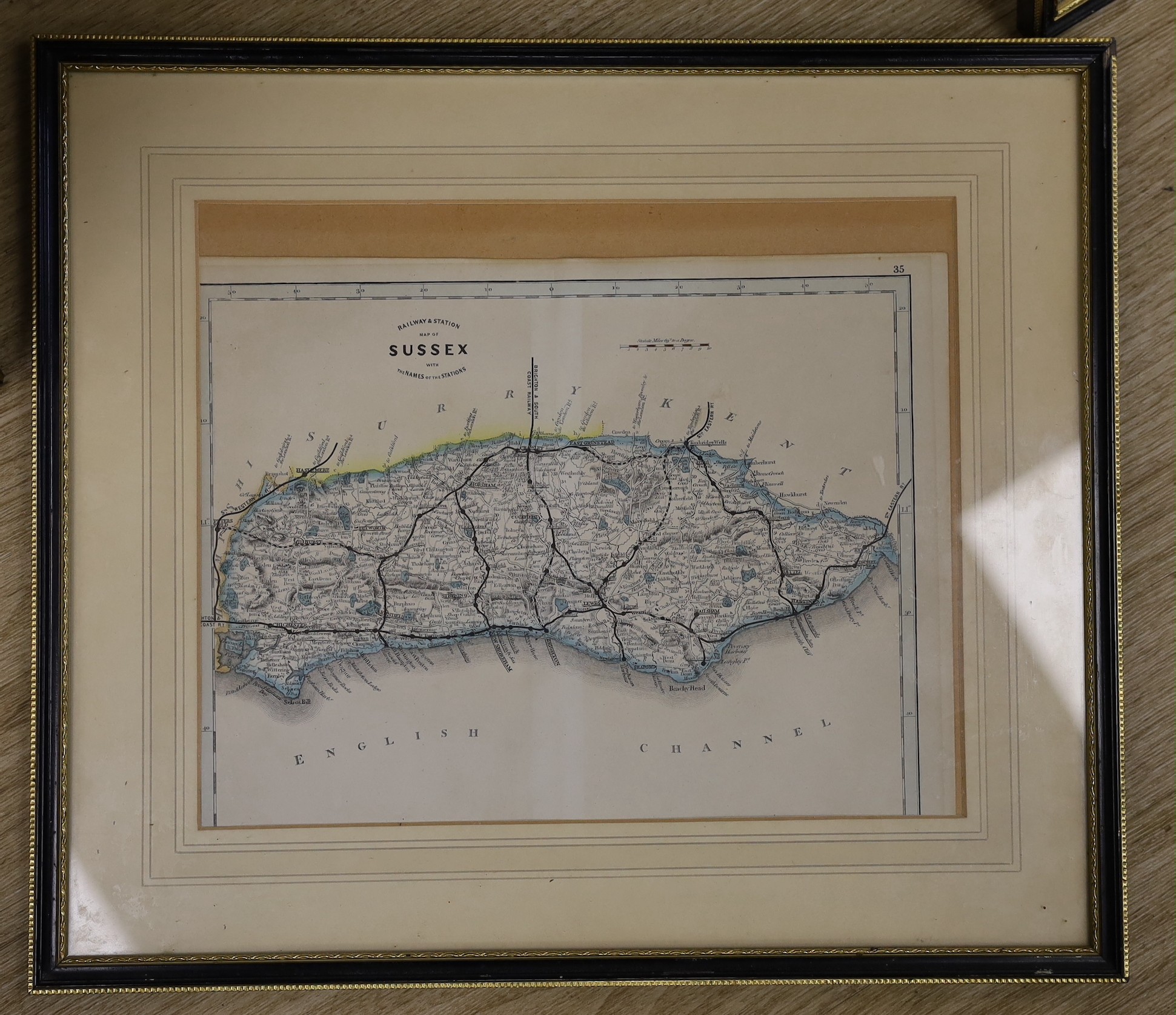 John Stoke, coloured engraving, 'The Range of Clay Hills'; map of the area around Horsham across to East Grinstead, 1777, 50 x 69cm, a Cary Map of Sussex 1811, 48 x 53cm and a later railway map of Sussex